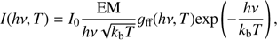 Mathematical equation: $$ I(h\nu ,T) = {I_0}\frac{{{\rm{EM}}}}{{h\nu \sqrt {{k_{\rm{b}}}T} }}{g_{{\rm{ff}}}}(h\nu ,T){\rm{exp}}\left( { - \frac{{h\nu }}{{{k_{\rm{b}}}T}}} \right),\ $$