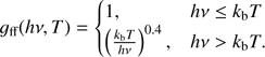 Mathematical equation: $$ {g_{{\rm{ff}}}}(h\nu ,T) = \left\{ {\begin{array}{*{20}{l}}{1,}&{h\nu \le {k_{\rm{b}}}T}\\{{{\left( {\frac{{{k_{\rm{b}}}T}}{{h\nu }}} \right)}^{0.4}},}&{h\nu > {k_{\rm{b}}}T.}\end{array}} \right.\ $$
