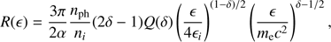 Mathematical equation: $$ \begin{aligned} R (\epsilon ) = \frac{3 \pi }{2 \alpha } \frac{n_{\rm ph}}{n_i} (2\delta -1) Q(\delta ) \left( \frac{\epsilon }{4 \epsilon _i} \right)^{(1-\delta )/2} \left( \frac{\epsilon }{m_{\rm e} c^2} \right)^{\delta -1/2}, \end{aligned} $$