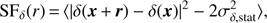 Mathematical equation: $ \begin{aligned} \mathrm{SF}_{\delta } (r)\,{=}\,\langle |\delta (\boldsymbol{x}\,{+}\,\boldsymbol{r}) - \delta (\boldsymbol{x})|^2 - 2 \sigma _{\delta , \mathrm{stat}}^2 \rangle , \end{aligned} $