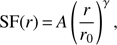 Mathematical equation: $ \begin{aligned} \mathrm{SF}(r)\,{=}\,A \left(\frac{r}{r_0}\right)^\gamma , \end{aligned} $