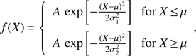 Mathematical equation: $ \begin{aligned} f(X)\,{=}\,\left\{ \begin{array}{l} A \, \exp {\left[-\frac{(X-\mu )^2}{2\sigma _1^2}\right]} \ \ \ \mathrm{for } \ X\,{\le }\,\mu \\ A \, \exp {\left[-\frac{(X-\mu )^2}{2\sigma _2^2}\right]} \ \ \ \mathrm{for } \ X\,{\ge }\,\mu \, \end{array}, \right. \end{aligned} $