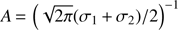Mathematical equation: $ A\,{=}\,\left(\sqrt{2\pi}(\sigma_1\,{+}\,\sigma_2)/2\right)^{-1} $