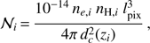 Mathematical equation: $ \begin{aligned} \mathcal N _i\,{=}\,\frac{10^{-14} \, n_{e,i} \ n_{\mathrm{H},i} \ l_\mathrm{pix}^3}{4\pi \, d_c^2(z_i)} \, , \end{aligned} $