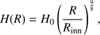 Mathematical equation: $ \begin{aligned} H(R)=H_0 \left(\frac{R}{R_\mathrm{inn}}\right)^{\frac{9}{8}}, \end{aligned} $