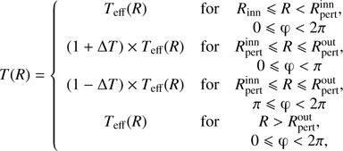Mathematical equation: $ \begin{aligned} T(R)= \left\{ \begin{array}{ccc} T_\mathrm{eff}(R)& \text{ for}& R_\mathrm{inn} \leqslant R < R_\mathrm{pert}^\mathrm{inn}, \\& \,& 0 \leqslant \upvarphi < 2\pi \\ (1 + \Delta T)\times T_\mathrm{eff}(R)& \text{ for}& R_\mathrm{pert}^\mathrm{inn} \leqslant R \leqslant R_\mathrm{pert}^\mathrm{out},\\& \,& 0 \leqslant \upvarphi < \pi \\ (1 - \Delta T)\times T_\mathrm{eff}(R)& \text{ for}& R_\mathrm{pert}^\mathrm{inn} \leqslant R \leqslant R_\mathrm{pert}^\mathrm{out},\\& \,& \pi \leqslant \upvarphi < 2\pi \\ T_\mathrm{eff}(R)& \text{ for}& R > R_\mathrm{pert}^\mathrm{out},\\& \,& 0 \leqslant \upvarphi < 2\pi ,\\ \end{array}\right. \end{aligned} $