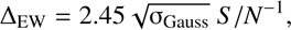 Mathematical equation: $ \begin{aligned} \Delta _\mathrm{EW} = 2.45 \sqrt{\upsigma _\mathrm{Gauss}}\ {S/N}^{-1} , \end{aligned} $