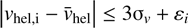 Mathematical equation: $ \left | {{v}}_{\mathrm{hel,i}} - \bar{{{v}}}_{\mathrm{hel}}\right | \leq 3\sigma_{{v}} + \varepsilon_i $