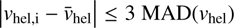 Mathematical equation: $ \left | {{v}}_{\mathrm{hel,i}} - \bar{{{v}}}_{\mathrm{hel}}\right | \leq 3\ \mathrm{MAD}({{v}}_{\mathrm{hel}}) $