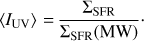 Mathematical equation: $$\left\langle {{I_{{\rm{UV}}}}} \right\rangle = {{{\Sigma _{{\rm{SFR}}}}} \over {{\Sigma _{{\rm{SFR}}}}\left( {{\rm{MW}}} \right)}}.$$