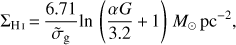Mathematical equation: $${\Sigma _{{{\rm{H}}_{\rm{I}}}}} = {{6.71} \over {{{\tilde \sigma }_g}}}\ln \left( {{{\alpha G} \over {3.2}} + 1} \right){M_ \odot }\;{\rm{p}}{{\rm{c}}^{ - 2}},$$