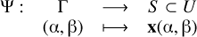 Mathematical equation: $ \begin{aligned} \begin{array}{cccc} \mathrm{\Psi }:&\mathrm{\Gamma }&\longrightarrow&S \subset U \\&(\upalpha ,\upbeta )&\longmapsto&\mathbf x (\upalpha ,\upbeta ) \end{array} \end{aligned} $