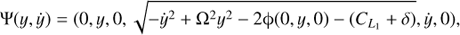 Mathematical equation: $ \begin{aligned} \mathrm{\Psi }(y,\dot{y}) = (0,y,0,\sqrt{-\dot{y}^2+\mathrm{\Omega }^2 y^2-2\phi (0,y,0)-(C_{L_1}+\delta )},\dot{y},0), \end{aligned} $