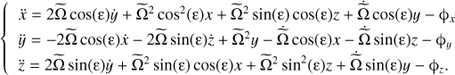 Mathematical equation: $ \begin{aligned} \left\{ \begin{array}{l} \ddot{x} = 2\widetilde{\Omega } \cos (\upvarepsilon ) \dot{y} + \widetilde{\Omega }^2 \cos ^2(\upvarepsilon ) x + \widetilde{\Omega }^2 \sin (\upvarepsilon )\cos (\upvarepsilon )z+\dot{\widetilde{\Omega }}\cos (\upvarepsilon )y - \phi _{x} \\ \ddot{y} = -2\widetilde{\Omega } \cos (\upvarepsilon )\dot{x} -2\widetilde{\Omega } \sin (\upvarepsilon )\dot{z} +\widetilde{\Omega }^2 y-\dot{\widetilde{\Omega }}\cos (\upvarepsilon )x-\dot{\widetilde{\Omega }}\sin (\upvarepsilon )z - \phi _{y} \\ \ddot{z} = 2\widetilde{\Omega } \sin (\upvarepsilon )\dot{y} + \widetilde{\Omega }^2 \sin (\upvarepsilon ) \cos (\upvarepsilon ) x + \widetilde{\Omega }^2 \sin ^2(\upvarepsilon ) z+\dot{\widetilde{\Omega }}\sin (\upvarepsilon )y - \phi _{z}.\\ \end{array} \right. \end{aligned} $
