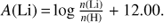 Mathematical equation: $$A({\rm{Li}}) = \log {{n({\rm{Li}})} \over {n({\rm{H}})}} + 12.00.$$