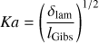 Mathematical equation: $ \begin{aligned} {Ka}=\left(\frac{\delta _\text{ lam}}{l_\text{ Gibs}}\right)^{1/2} \end{aligned} $