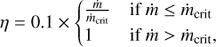 Mathematical equation: $$ \begin{aligned} \eta = 0.1 \times {\left\{ \begin{array}{ll} {\frac{\dot{m}}{\dot{m}_{\rm crit}}}&\mathrm{if} \dot{m} \le {\dot{m}_{\rm crit}} \\ 1&\mathrm{if} \dot{m}>{\dot{m}_{\rm crit}}, \end{array}\right.} \end{aligned} $$