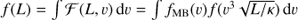 Mathematical equation: $ f(L)=\int \mathcal{F}(L,v)\,\mathrm{d}v=\int f_{\mathrm{MB}}(v)f(v^3\sqrt{L/\kappa})\,\mathrm{d}v $
