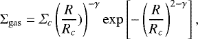 Mathematical equation: \begin{equation*} {\mathrm\Sigma}_{\mathrm{gas}} = \Sigma_c \left(\frac{R}{R_c})\right)^{-\gamma} \exp\left[-\left(\frac{R}{R_c}\right)^{2-\gamma}\right], \end{equation*}