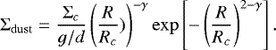 Mathematical equation: \begin{equation*} {\mathrm\Sigma}_{\mathrm{dust}} = \frac{{\mathrm\Sigma}_c}{{g/d}} \left(\frac{R}{R_c})\right)^{-\gamma} \exp\left[-\left(\frac{R}{R_c}\right)^{2-\gamma}\right]. \end{equation*}