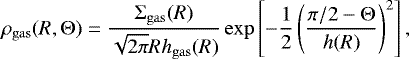 Mathematical equation: \begin{equation*} \rho_{\mathrm{gas}}(R,{\mathrm\Theta}) = \frac{{\mathrm\Sigma}_{\mathrm{gas}}(R)}{\sqrt{2\pi}Rh_{\mathrm{gas}}(R)}\exp\left[-\frac12\left(\frac{\pi/2 - {\mathrm\Theta}}{h(R)}\right)^2\right], \end{equation*}