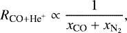 Mathematical equation: \begin{equation*} R_{{\textrm{CO} + \textrm{He}^+}} \propto \frac{1}{x_{\textrm{CO}} + x_{{\textrm{N}_2}}}, \end{equation*}