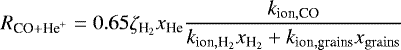 Mathematical equation: \begin{equation*} R_{{\textrm{CO} + \textrm{He}^+}} = 0.65 \zeta_{{\textrm{H}_2}}x_{\textrm{He}} \frac{k_{\textrm{ion}, \textrm{CO}}}{k_{\textrm{ion}, {\textrm{H}_2}}x_{{\textrm{H}_2}} + k_{\textrm{ion}, \textrm{grains}}x_{\mathrm{grains}}} \end{equation*}