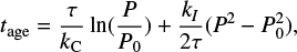 Mathematical equation: $$ \begin{equation} \label{eq_gyro} t_{\rm age} = \frac{\tau}{k_{\rm C}} \ln(\frac{P}{P_0}) + \frac{k_I}{2 \tau} (P^2-P_0^2), \end{equation} $$
