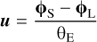 Mathematical equation: $$ u=\frac{{\mathrm\varphi}_\mathrm S-{\mathrm\varphi}_\mathrm L}{{\mathrm\theta}_\mathrm E} $$