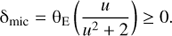 Mathematical equation: $$ {\mathrm\delta}_\text{mic}={\mathrm\theta}_\mathrm E{(\frac u{u^2+2})}\geq0. $$