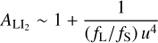 Mathematical equation: $$ A_{{\text{LI}}_2}\;\sim\;1+\frac1{(f_\mathrm L/f_\mathrm S)u^4} $$