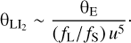 Mathematical equation: $$ {\mathrm\theta}_{{\text{LI}}_2}\;\sim\;\frac{{\mathrm\theta}_\mathrm E}{(f_\mathrm L/f_\mathrm S)u^5}. $$