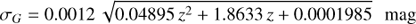 Mathematical equation: $$ \sigma_G=0.0012\sqrt{0.04895\;z^2+1.8633\;z+0.0001985}\;\text{mag} $$