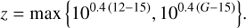 Mathematical equation: $$ z=\text{max}{\{10^{0.4{(12-15)}},10^{0.4{(G-15)}}\}}. $$