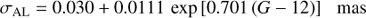 Mathematical equation: $$ \sigma_\text{AL}=0.030+0.0111\exp{\lbrack0.701{(G-12)}\rbrack\text{mas}} $$
