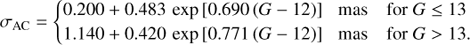 Mathematical equation: $$ \sigma_\text{AC}=\{\begin{array}{ccc}0.200+0.483\text{?}\exp{\lbrack0.690{(G-12)}\rbrack}&\text{mas}&\text{for}G\leq13\\1.140+0.420\text{?}\exp{\lbrack0.771(G-12)\rbrack}&\text{mas}&\text{for}G>13.\end{array} $$