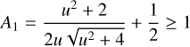 Mathematical equation: $$ A_1=\frac{u^2+2}{2u\sqrt{u^2+4}}+\frac12\geq1 $$
