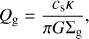 Mathematical equation: $$ \begin{aligned} Q_\mathrm{g}=\frac{c_\mathrm{s}\kappa }{\pi G\Sigma _\mathrm{g}}, \end{aligned} $$