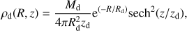 Mathematical equation: $$ \begin{aligned} \rho _\mathrm{d}(R,z)=\frac{M_\mathrm{d}}{4 \pi R_\mathrm{d}^{2} z_\mathrm{d}} \mathrm{e}^{(-R/R_\mathrm{d})}\text{ sech}^{2}(z/z_\mathrm{d}), \end{aligned} $$