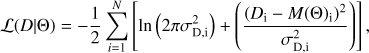 Mathematical equation: $$ \begin{aligned} \mathcal L (D|{\Theta })=-\frac{1}{2}\sum ^{N}_{i=1}\left[ \ln \left(2\pi \sigma _\mathrm{D,i}^{2}\right)+\left(\frac{(D_\mathrm{i}-M({\Theta })_\mathrm{i})^{2}}{\sigma ^{2}_\mathrm{D,i}}\right)\right], \end{aligned} $$