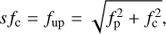 Mathematical equation: $ \begin{aligned} s f_\mathrm{c} = f_\mathrm{up} = \sqrt{f_\mathrm{p}^2 + f_\mathrm{c}^2}, \end{aligned} $