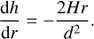 Mathematical equation: $ \begin{aligned} \frac{\mathrm{d} h}{\mathrm{d} r} = -\frac{2Hr}{d^{2}}. \end{aligned} $