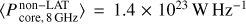 Mathematical equation: $ {\langle P_\text{core, 8 GHz}^{\text{non}-\text{LAT}}\rangle}=1.4\times10^{23}\text{W}\text{Hz}^{-1} $