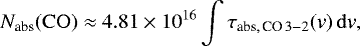 Mathematical equation: \begin{equation*} N_{\textrm{abs}}(\rm CO) \approx 4.81 \times 10^{16} \int{\tau_{\textrm{abs},\,\textrm{CO}\,3-2}(\textit{v})\,d\textit{v}}, \end{equation*}
