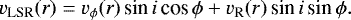 Mathematical equation: \begin{equation*} {v}_{\textrm{LSR}}(\textit{r})=v_{\phi}(\textit{r})\,\textrm{sin}\,i\,\textrm{cos}\,\phi + v_{\textrm{R}}({r})\,\textrm{sin}\,i\,\textrm{sin}\,\phi. \end{equation*}