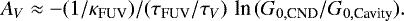 Mathematical equation: \begin{equation*} A_V\approx -(1/\kappa_{\textrm{FUV}})/(\tau_{\textrm{FUV}}/\tau_V)\,\,\textrm{ln}\, (G_{0,\textrm{CND}}/G_{0,\textrm{Cavity}}).\end{equation*}