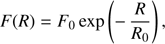 Mathematical equation: $$ F(R) = F_0 {\rm exp}\left( { - {\rm }{R \over {R_0 }}} \right), $$