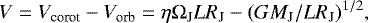 Mathematical equation: \begin{equation*}V = V_{\textrm{corot}} - V_{\textrm{orb}} = \eta {{\mathrm{\Omega}}}_{\textrm{J}} L R_{\textrm{J}} - (GM_{\textrm{J}}/LR_{\textrm{J}})^{1/2} ,\end{equation*}