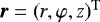 Mathematical equation: ${\vec{r} = (r, \varphi, z)^{\mathrm{T}}}$