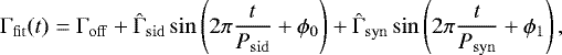 Mathematical equation: \begin{equation*}\mathrm{\Gamma}_{\mathrm{fit}} (t) = \mathrm{\Gamma}_{\mathrm{off}} + \hat{\mathrm{\Gamma}}_{\mathrm{sid}} \sin \left( 2 \pi \frac{t}{P_{\mathrm{sid}}} + \phi_0 \right) + \hat{\mathrm{\Gamma}}_{\mathrm{syn}} \sin \left(2 \pi \frac{t}{P_{\mathrm{syn}}} + \phi_1 \right), \end{equation*}